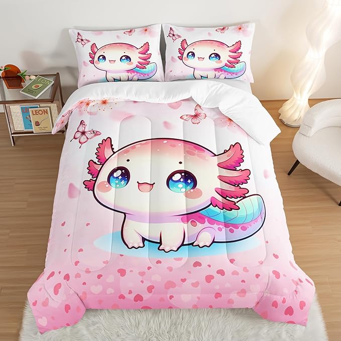 Cartoon Axolotl Comforter Kids Bedding Set,Cute Axolotl Flower Butterfly Bedding King Size for Toddler Girls Room Kawaii Decor,Pink Series Kids Comforter Sets with 2 Pillowcases.