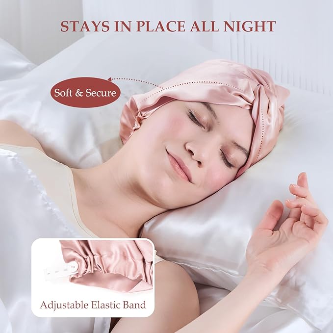 Silk Bonnet for Sleeping Women, 100% Mulberry Silk Sleep Cap with Elastic Band, Real Mulberry on Both Sides, Soft Pink