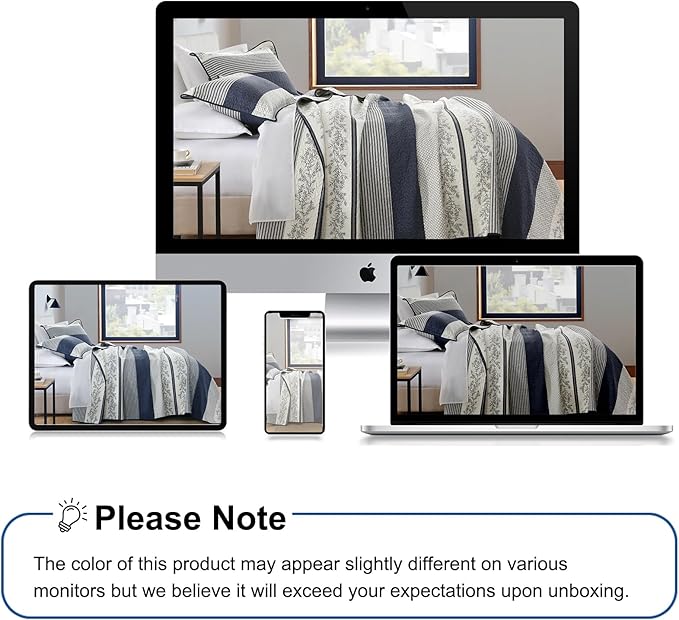 Stripe Quilt King Size - 100% Cotton Lightweight King Quilt Bedding Set, Vintage Vine Pattern Quilted Bedspread with 2 Pillow Shams, Farmhouse Printed Bed Coverlet for All Season, Navy/Gray