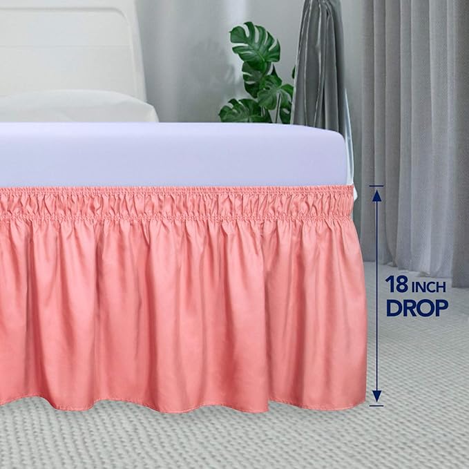 PureFit Wrap Around Ruffled Bed Skirt with Adjustable Elastic Belt - 18 Inch Drop Easy to Put On, Wrinkle Free Bedskirt Dust Ruffles, Bed Frame Cover for Queen, King and C-King Size Beds, Pink