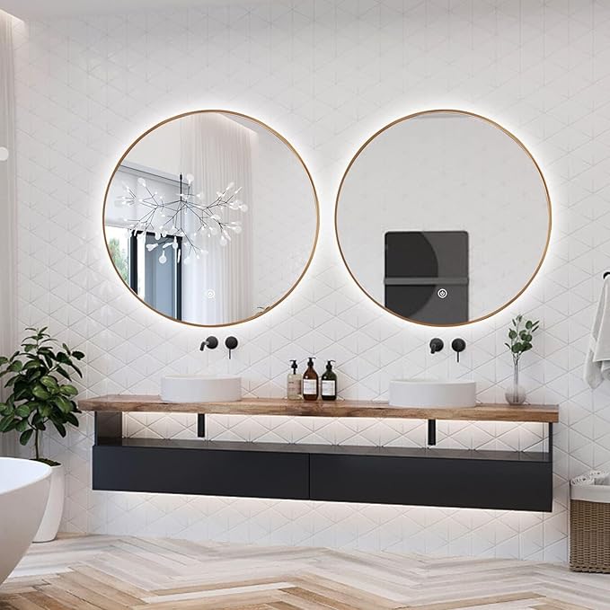 Niccy 28" LED Backlit Round Mirror for Bathroom, Gold Framed Vanity Light Wall Mirror LED Smart Circle Mirrors with 3 Lighting Colors, Dimmable Lighted Mirror with Anti-Fog, IP65 Waterproof
