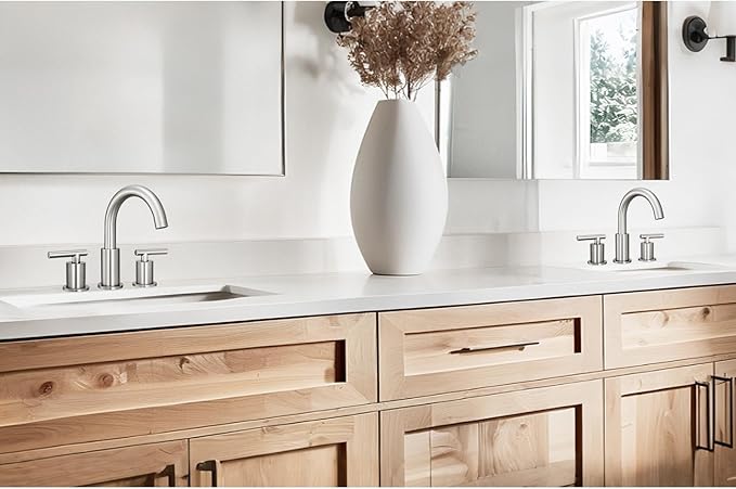 8 Inch Widespread Bathroom Faucet 3 Hole with Pop-up Drain, 2 Handle Bathroom Sink Faucet, Modern Vanity Faucet for Bathroom Sink with 360° Swivel Spout（Brushed Nickel）