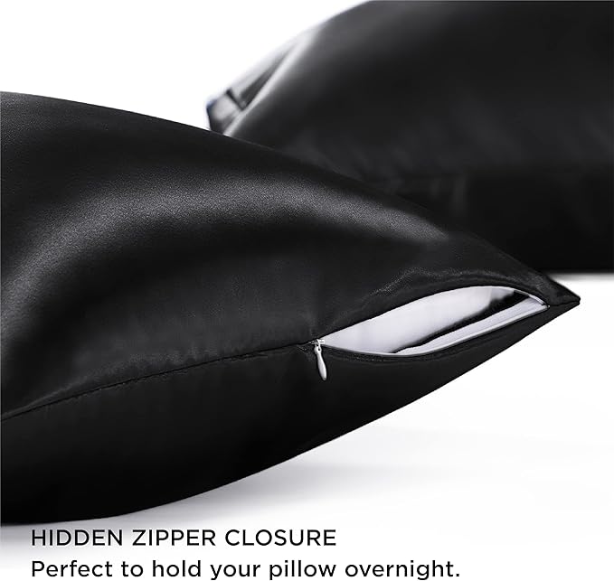 Bedsure Satin Pillowcase with Zipper, Similar to Silk Pillow Cases 2 Pack, Satin Pillow Cases Queen Size Set of 2, Silky & Soft Black Pillow Covers for Hair and Skin, Gifts for Women Men, 20x30 Inches