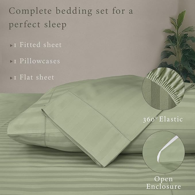 Threadmill 500 Thread Count Twin Size Damask Stripe, 3 Pc Luxury Cotton Sheet Set, Breathable & Silky Soft Sage Green Sheets with 15" Elasticized Deep Pocket, 1 Pillowcase & Free Tote Bag