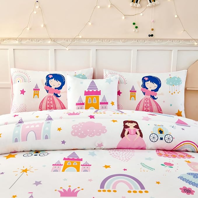 ANGIYUIN Princess Fairy Tales Full Comforter Set for Girls Cartoon Rainbow Love Kids Bed in A Bag with Sheets Cute and Soft Bedding Comforter Set for All Season(Princess, Rainbow, Castel, White)