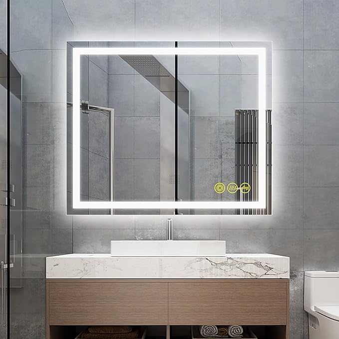 Wall-Mounted LED Square Bathroom Mirror, Makeup Mirror (36 inches x 24 inches,) 3 Color Stepless Dimmable Memory Bathroom Vanity Mirror with Lights CRI90+ 3000-6400K Smart Mirror with Touch
