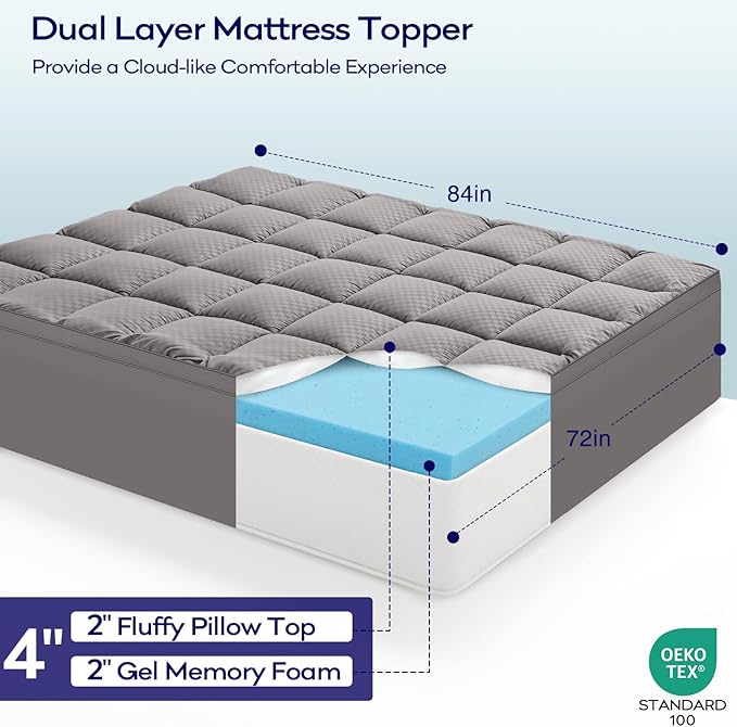 OLANLY Dual-Layer 4 Inch Cal King Size Memory Foam Mattress Topper for Back Pain, 2 Inch Cooling Pillow Top Mattress Pad Cover and 2 Inch Gel Memory Foam Topper, Deep Elastic Pocket, Light Grey