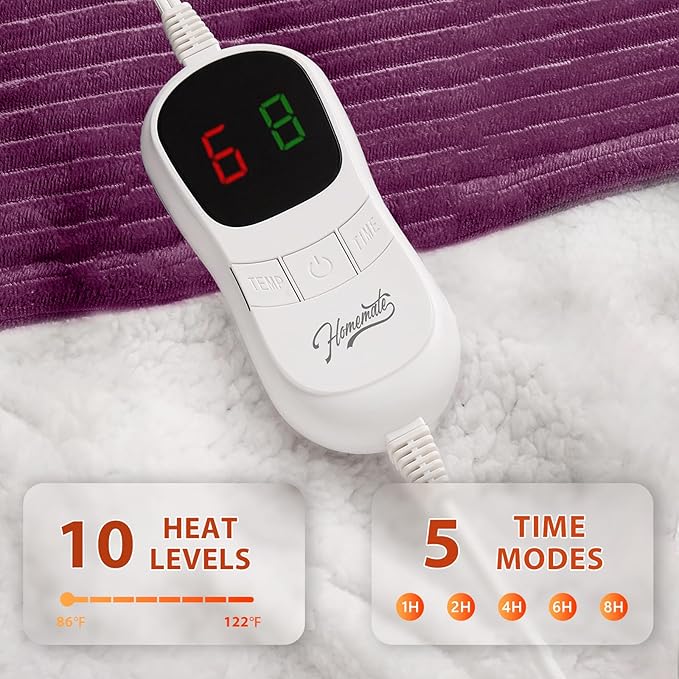 Homemate Electric Heated Blanket Full Size - 72"x84" Heating Blanket Full Size 1/2/4/6/8 Hours Auto-Off 10 Heat Level Over-Heat Protection Soft Flannel Sherpa ETL Certification