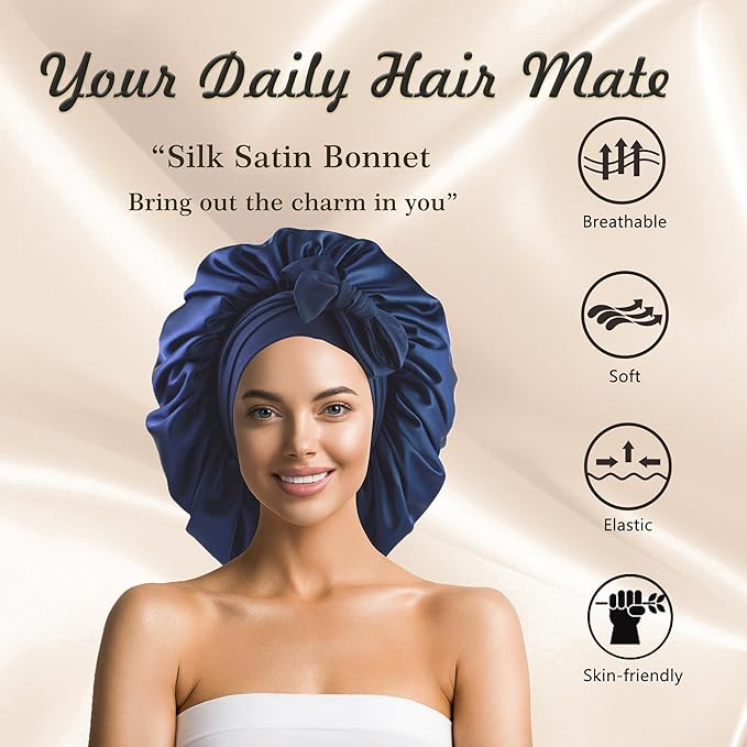 Silk Bonnet for Sleeping Women Satin Bonnet Double Layer Night Sleep Cap with Elastic Tie Band for Curly Natural Hair
