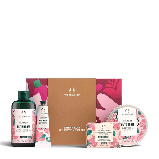 The Body Shop British Rose Collection Gift Set - 4 Piece Set, Shower Gel, Body Butter, Hand Cream, Face & Body Bar, Vegan