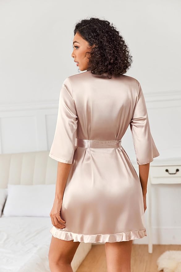 Ekouaer Women's Satin Robes Silk Kimono Bath Robe Short Ruffled Hem Bride Bridesmaid Sleepwear with Pockets