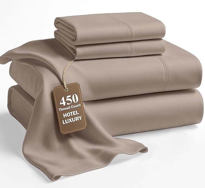 LANE LINEN California King Sheet Set – 450 Thread Count 100% Cotton Sheets, Soft & Breathable Sateen Weave, 15” Deep Pocket Fully Elasticized Fitted Sheet, Machine Washable Hotel Bedding, Taupe