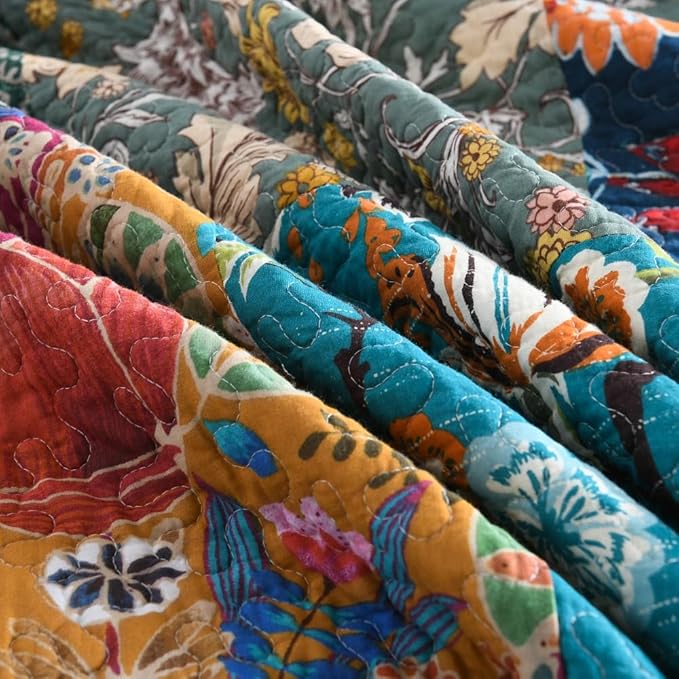 Autumn Dream Cotton Bedspread Quilt Sets Reversible Bedding Coverlet Sets Comforter, Vintage Floral Patchwork Turquoise Bedspread, Queen Size