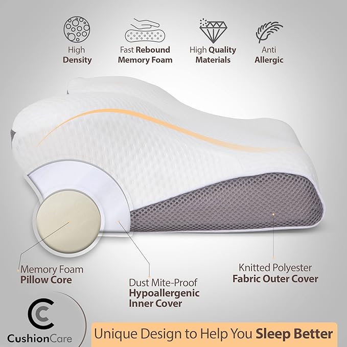 Cervical Memory Foam Pillow for Neck and Shoulder Pain Relief – Ergonomic, Orthopedic Contour Pillow for Side, Back, Stomach Sleepers And Sleeping Support - Free Sleeping Mask