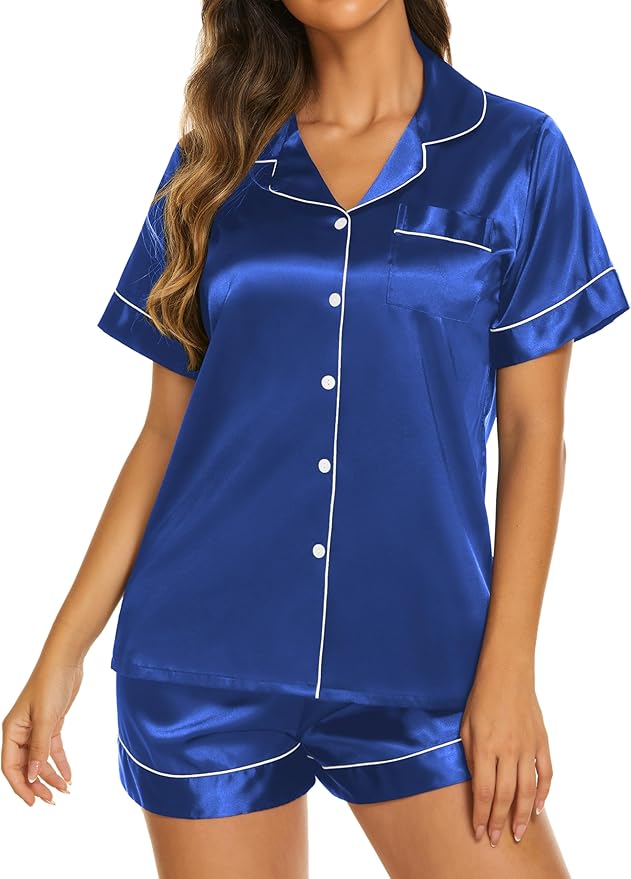 Ekouaer Silk Pajamas for Women Short Sleeve Sleepwear Soft Button Down Loungewear 2 Piece Satin Pjs Shorts Set