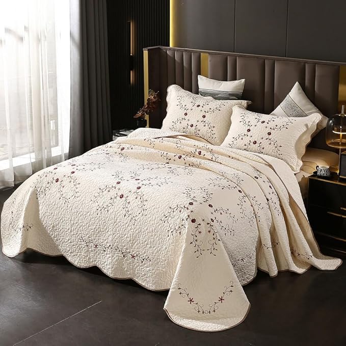 Quilt Set Floral Leaves 3D Embroidery Pattern 2 PCS Cotton Reversible Quilted Embroidered Decorative Bedspreads Coverlet Set, Lightweight &Soft Queen Size Beige Bedding Coverlet for All Season