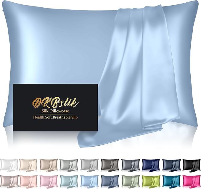Silk Pillowcase for Hair and Skin, Mulberry Silk Pillow Cases King Size, Anti Acne Cooling Sleep Both Sides Natural Silk Satin Pillow Case Covers with Hidden Zipper, Gifts for Women Men, Haze Blue