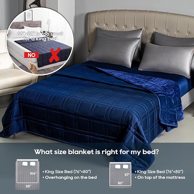 King Size Weighted Blanket 20lbs(88''x104'', Dual-Sided), Reversible King Weighted Blanket with Cozy Warm Velvet & Cooling Tencel Fabric for Adults & Couple All Season - Carry Bag Included, Navy Blue