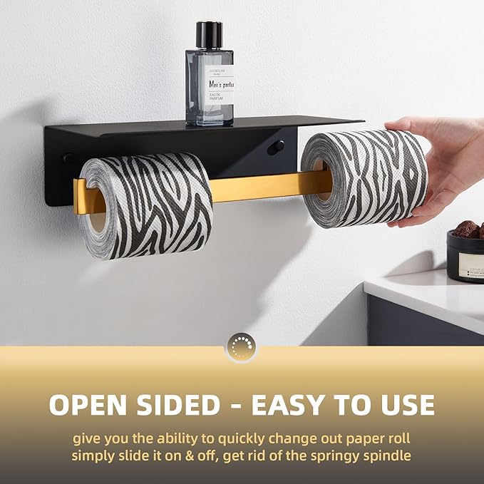 Angle Simple Double Toilet Paper Holder with Shelf, 304 Stainless Steel Bathroom Toilet Tissue Roll Holder for Wall Black and Gold
