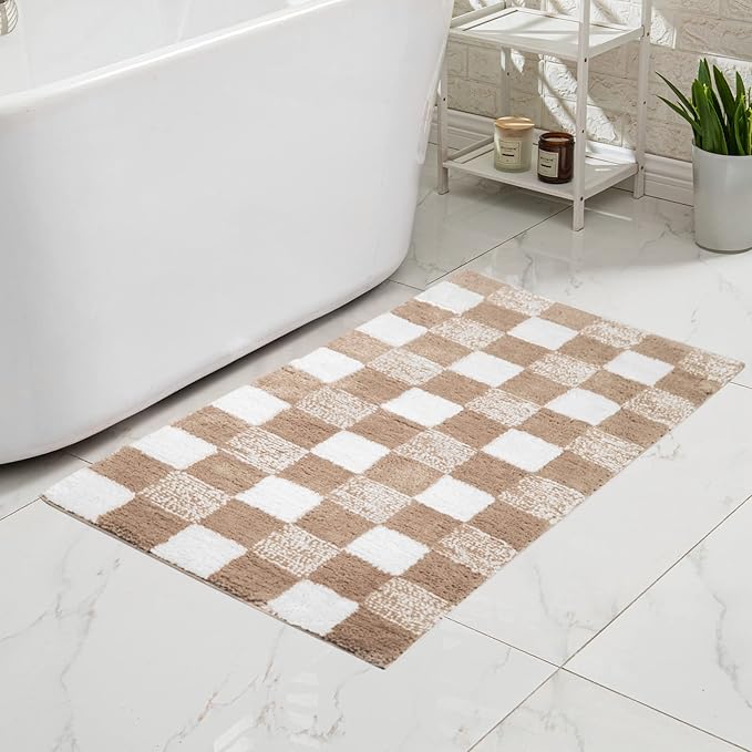 CozeCube Bath mats for Bathroom Non Slip, Fluffy Absorbent Microfiber Bath mat Washable, Aesthetic Bathroom Rugs, Long Beige Checkered Bath mat, Beige, 47" x 24"