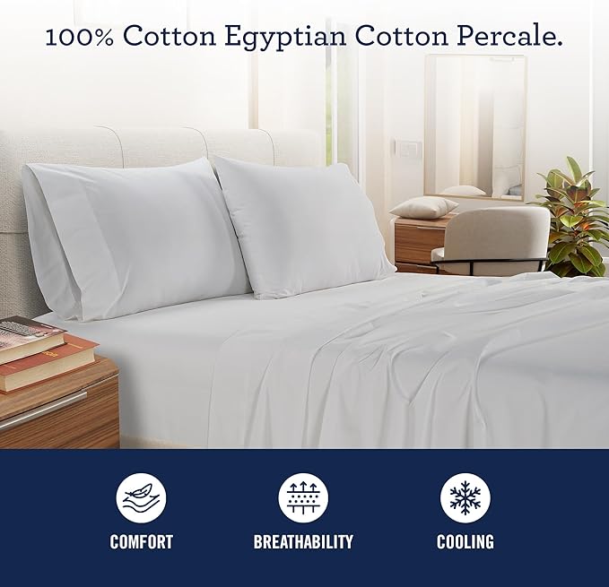 IZOD 100% Egyptian Cotton Sheets Set Twin Size, Cotton Percale Crisp Sheet Set 3Pc, Lightweight & Deep Pocket fits Upto 17", Long-Staple Soft Combed, Hotel Style Sheets Luxury Bedding Sheet - White