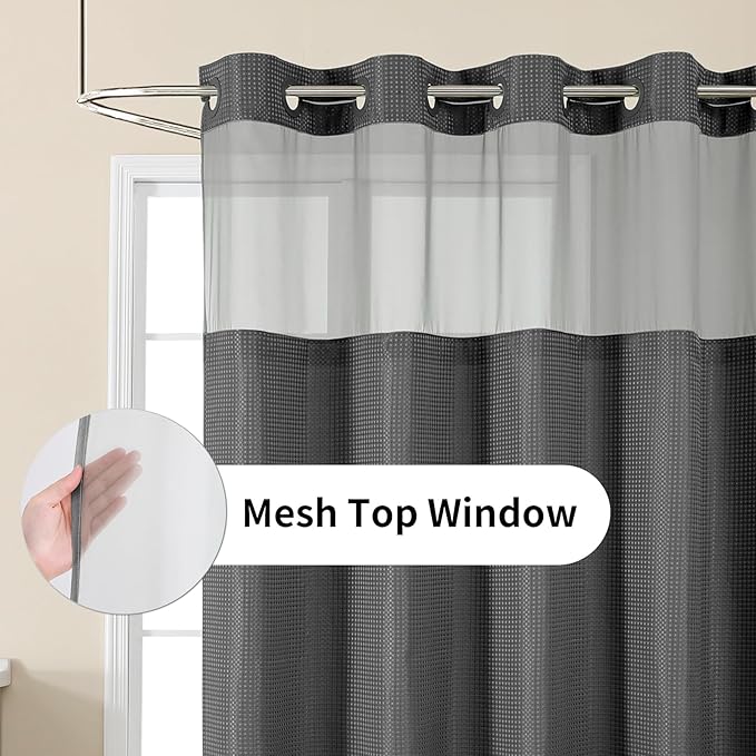 Colorful Star No Hook Shower Curtain with Snap in Fabric Liner, Waffle Heavy Duty Thick Shower Curtains with Mesh Top Window, Hotel Style Waterproof Bathroom Curtain Set, 72'' x 81'', Charcoal Grey