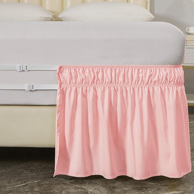 MEILA Wrap Around Bed Skirt Three Fabric Sides Elastic Dust Ruffled 24 Inch Tailored Drop,Easy to Install Fade Resistant-Pink, Queen/King