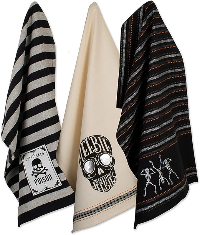 DII Happy Halloween Dishtowel Collection Embellished Cotton Kitchen Hand Towel Set, 18x28, Skeleton, 3 Count