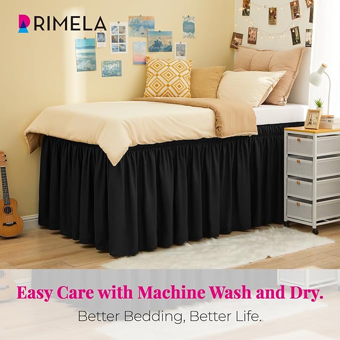 RIMELA Dorm Bed Skirt Twin XL 36 Inch Drop, Easy to Install Extra Long Wrap Around Elastic Dust Ruffle, Black Bedskirt Solid Silky Fabric Machine Washable (Twin XL 80“L x 39”W & Twin 75“L x 39”W)