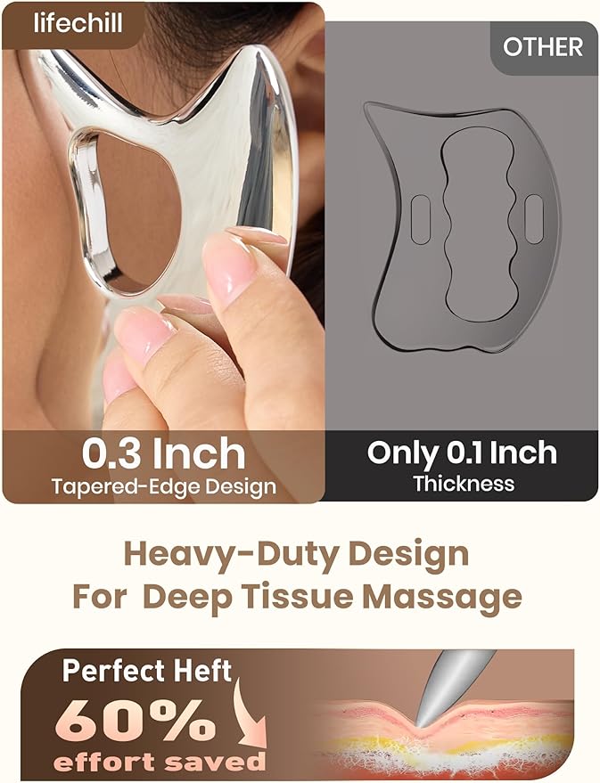 lifechill Heavy-Duty Stainless Steel Gua Sha, Muscle Scraper Tool, Lymphatic Drainage Massager for Self Care, Metal GuaSha Tool for Full Body, Trigger Point Massage Tools for Pain Relief
