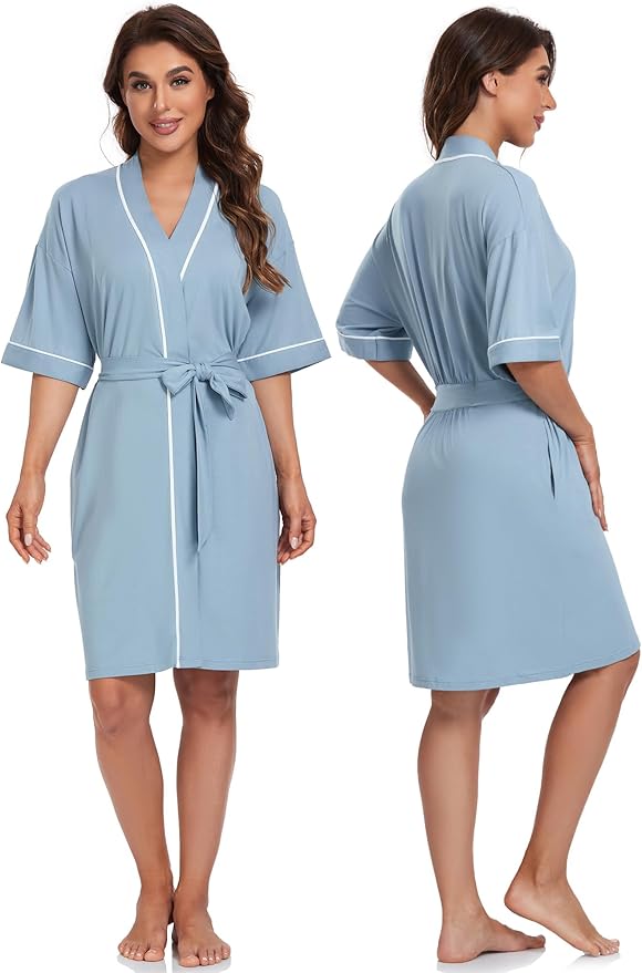 COLORFULLEAF Womens Bamboo Short Robes Lightweight Kimono Cotton Robe Soft Knit Bathrobe Ladies Loungewear with Pockets