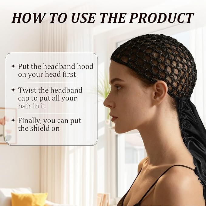 2 In1 Wrap Cap Bonnet Reversible Adjustable Tie Band, Silk Bonnet Hair Wrap Cap for Silk Press, New Satinbonnet for Sleeping, Double Layered Nettie Band for Curly (Black)