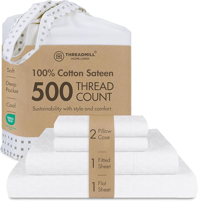 Threadmill 500 Thread Count Queen Size Sheets 4 Pc Luxury Cotton Bedding Set, Jacquard Floria Hotel White, Silky Smooth Sheets with 16" Elasticized Deep Pocket, 2 Pillowcases & Free Tote Bag