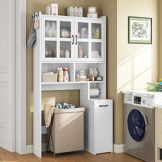 Over The Toilet Storage Cabinet with Pulley Small Bathroom Storage Cabinet, Space Saver W/Adjustable Shelf & Glass Doors for Bathroom, Restroom, Laundry (Frosted Mirror-Type B)