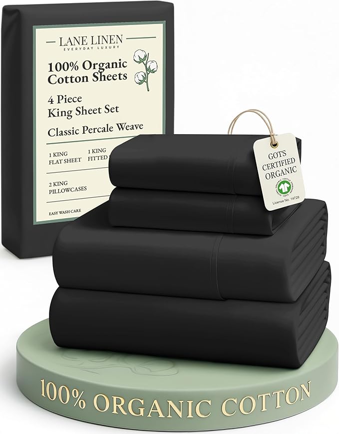 LANE LINEN 100% Organic Cotton Bed Sheets King Size, Soft & Comfy Fully Elasticized Percale Bedding Sheets & Pillowcase Set, Low Pilling Machine Washable King Sheet- Black Sheets