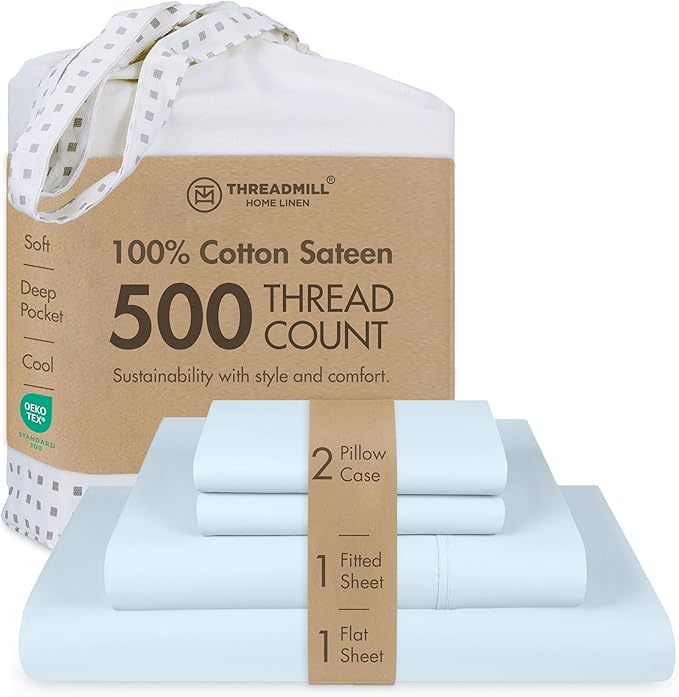 Threadmill Cotton Sheets for King Size Bed, 100% Cotton, 500 Thread Count, Deep Pocket Sheet Set for King Size Bed, Snug Fit, Soft & Crisp Cooling Hotel Quality Bed Sheets 4 Piece Set, Light Blue
