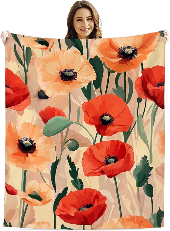 Poppy Throw Blanket, Watercolor Floral Gifts for Men and Women, All Seasons Soft Cozy Flower Home Decor for Sofa and Living Room, 40"x50"