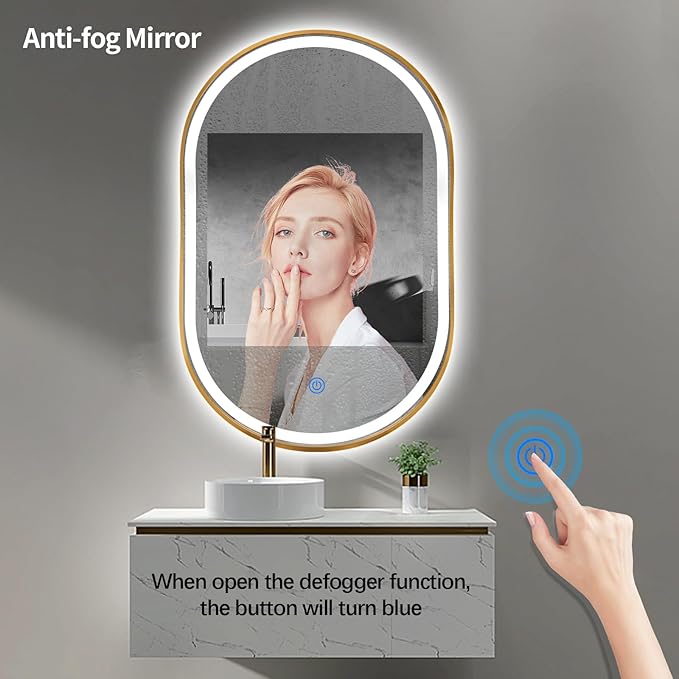 Oval LED Bathroom Mirror, 36"x24" Lighted Wall Mounted Vanity Mirror with Metal Frame, Anti-Fog IP66 Waterproof Smart Mirror, Memory Function, (Horizontal or Vertical), Gold