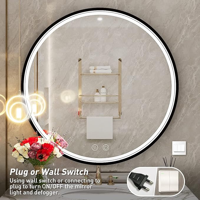 28" Round LED Bathroom Mirror, Dimmable Anti-Fog Vanity Mirror with Touch Control, 6000K Natural Light, Black Metal Frame, Wall Mounted for Makeup Shaving (IP54, 90+ CRI)