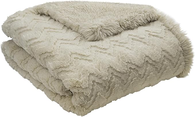 Mon Chateau 60" x 70" Crest Faux Fur Throw, Plush Luxury Blanket for Couch, Sofa, or Bed, Soft Reversible Throw Blanket for Sleeping, Home & Room Decor, Sandstone Jacquard