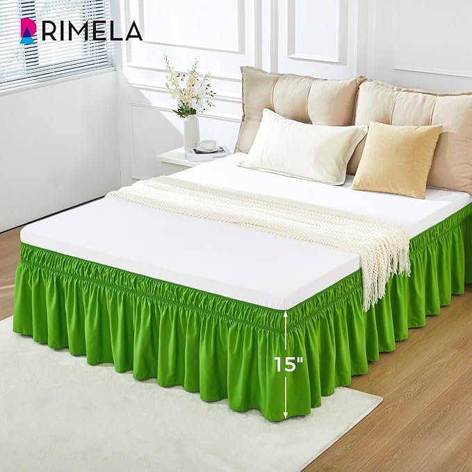 RIMELA Green Bed Skirt Queen Size 15 Inch Drop, Elastic Bed Skirting for Bed Base and Frame, Bedding Dust Ruffle Easy to Install, Lightweight Wrap Around Adjustable Bedskirt
