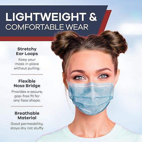 500 Pcs Blue Disposable Face Masks - Level 3 | Bulk 3 Ply Facemask Pack - Soft Breathable Latex Free Non-Woven Dust Mask with Flexible Nose Bridge & Stretchy Ear Loops (10 Packs x 50)