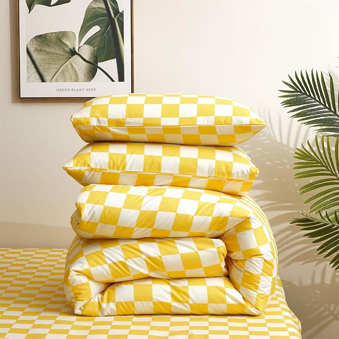 KAREVER Yellow White Grid Comforter Set Twin Yellow Plaid Bedding Set Girls Yellow and White Checkered Kids Breathable Blanket Set