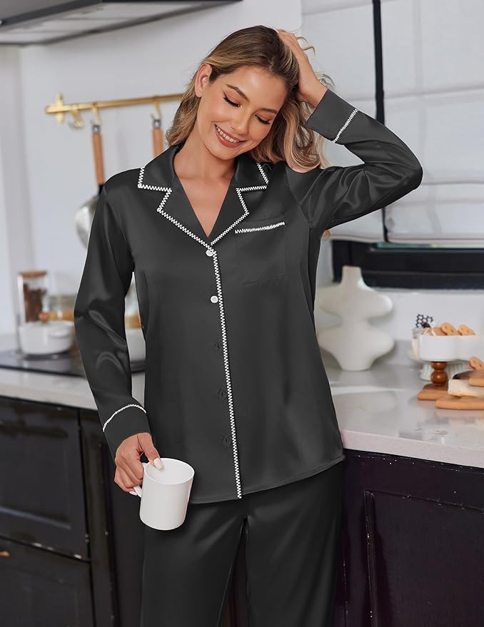 Ekouaer Satin Pajama Set for Women Silky Sleepwear Long Sleeve Top and Pants Button Down Pjs Lounge Set
