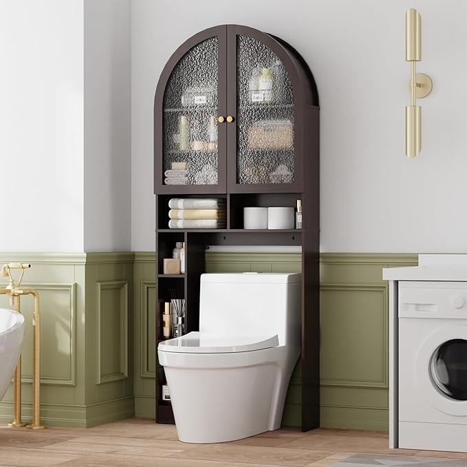 Over The Toilet Storage Cabinet, 29.7”W Modern Storage Cabinet Over Toilet with Acrylic Doors, Arched Freestanding Over Toilet Rack with Adjustable Shelf for Bathroom, Espresso
