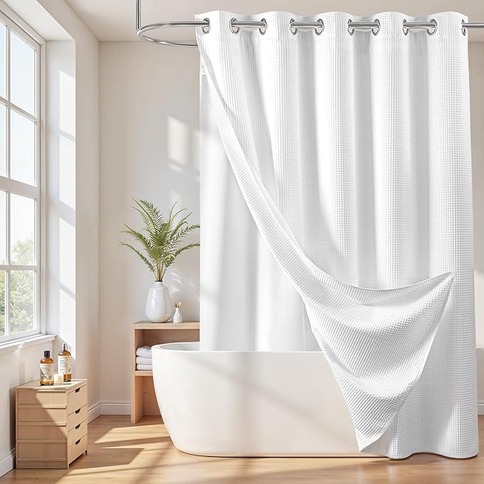River Dream Long Cotton Blend No Hooks Needed Shower Curtain with Snap in Liner, Water Repellent, Hotel Grade, White, 71"x78"