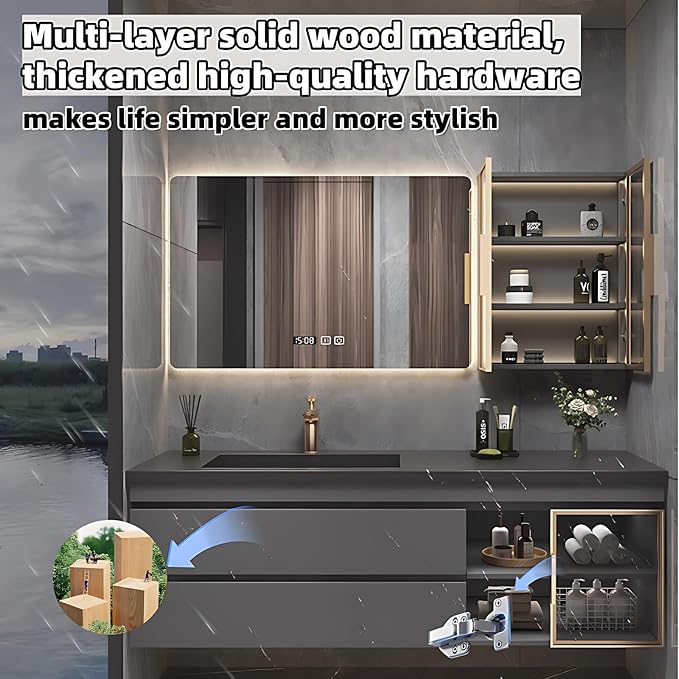 Bathroom Vanity with Sink - Luxury Bathroom Vanities, Floating Vanity with Smart Defogging Mirror, Multi-Layer Solid Wood Material - Complete Accessories (84")