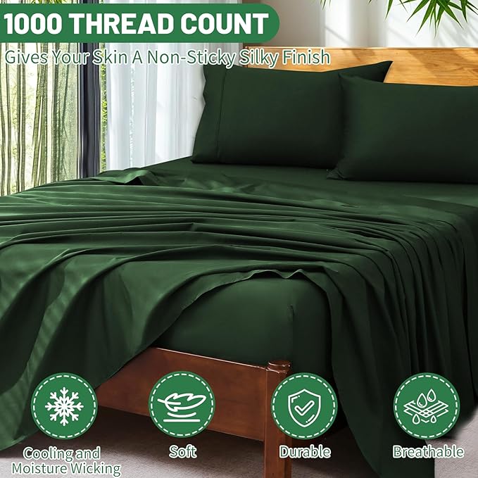 Extra Deep Pocket Queen Sheets 18-24 Inch 1000 Thread Count 100% Egyptian Cotton Sateen Weave Soft Breathable 4 Pieces（Queen,Forest Green）