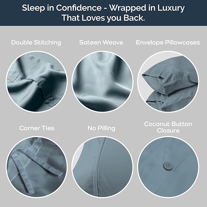 Olive + Crate Tencel Eucalyptus Cooling Duvet Cover Set - Hypoallergenic, Lyocell Tencel Duvet Cover - Soft, Temperature Regulating with Hidden Button Closure & Corner Ties - Queen Size [Basalt Blue]