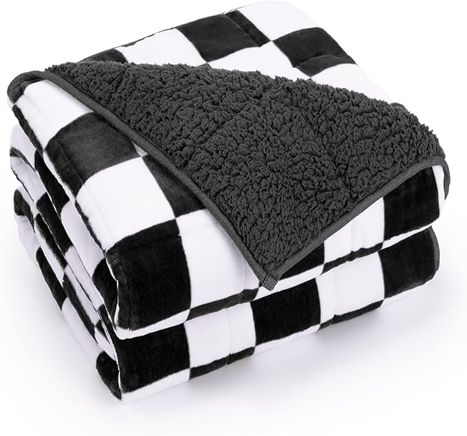 Cottonblue Weighted Blanket for Adults Queen Size 15lbs, Soft Sherpa Flannel Checkered Weighted Blankets, Fluffy Fuzzy Fleece Bed Heavy Blankets for Calming and Relax, Plaid Black, 60" x 80"